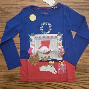 New Blue Mini Boden Christmas Santa in Fireplace House Lift the Flap Shirt - 6-7